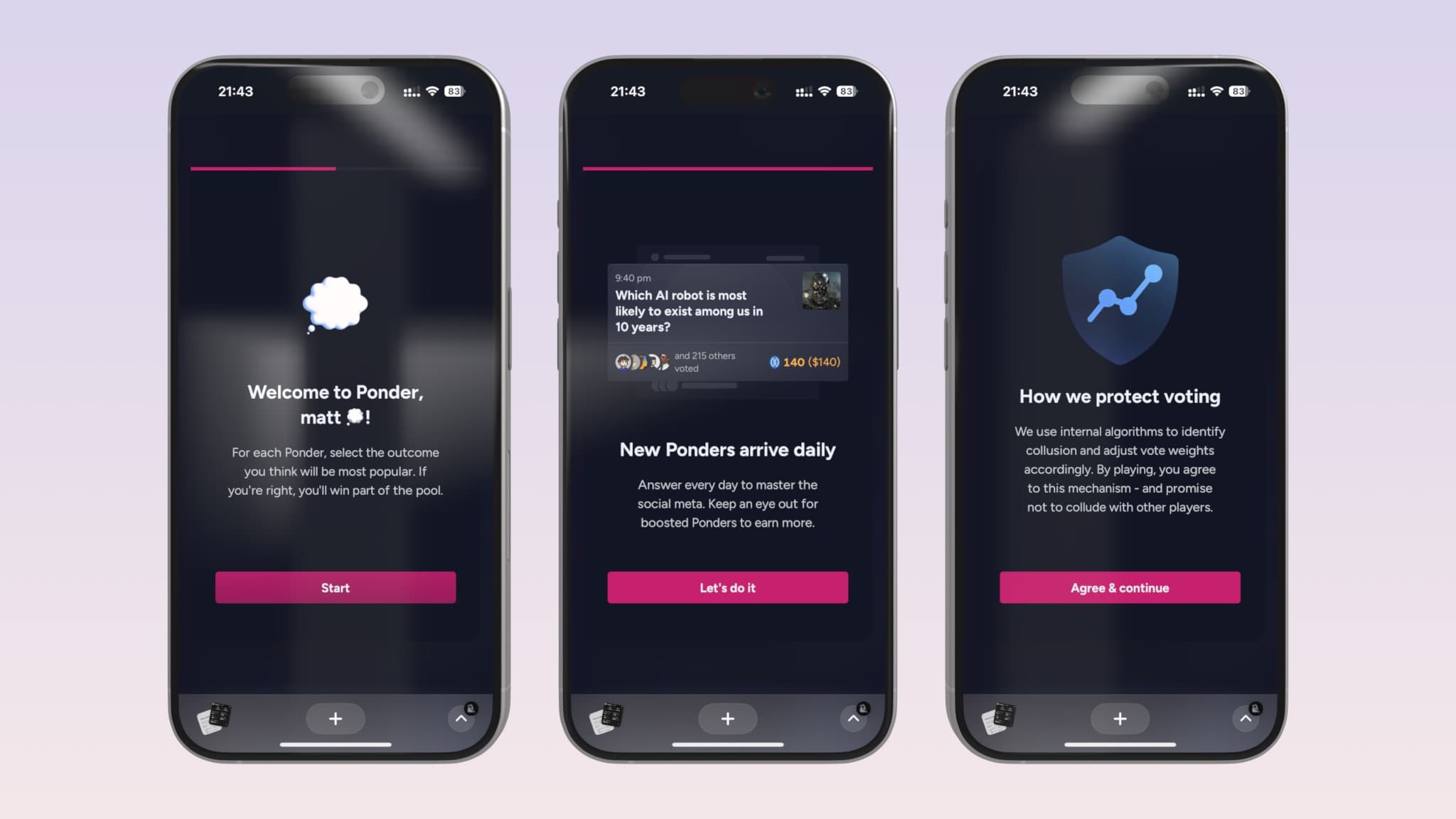 Ponder onboarding screens presented on three iPhone devices in sequence